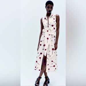 NWT Zara ZW Collection Lollipop Print Poplin Cotton Sleeveless Midi Shirt Dress